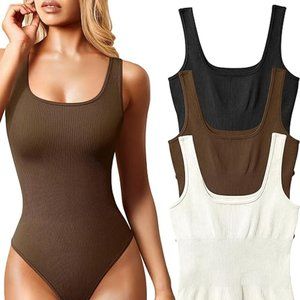 OQQ Women's 3 Piece Ribbed Sleeveless Bodysuits Tank, Large